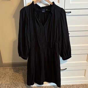 GAP Size S Tall Puff Sleeve Long Sleeve Cinched Cotton Gauze Mini Dress Black